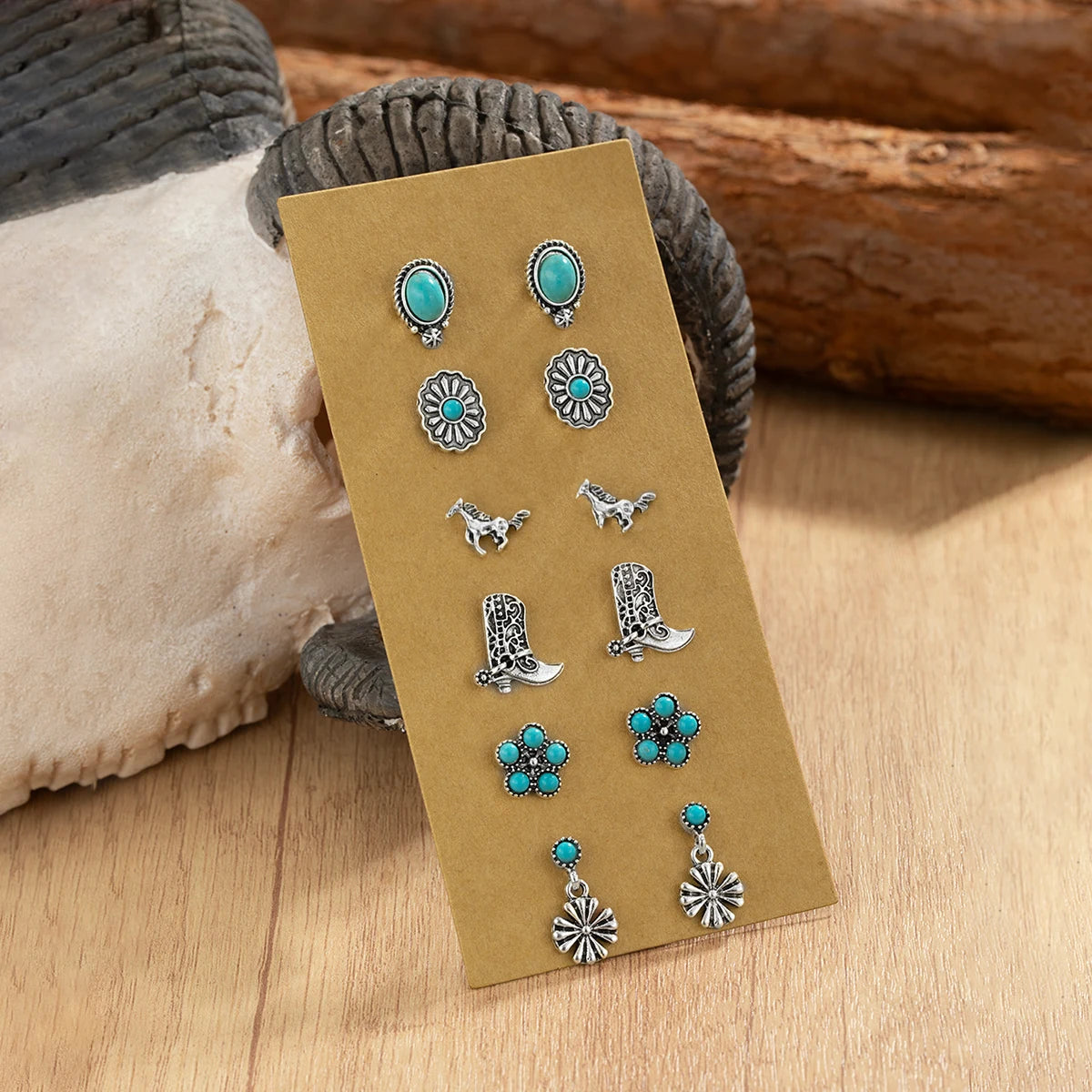 Turquoise Heart & Flower Dangle Earring Set | 6 Pairs of Western Boho Style for Confident Women
