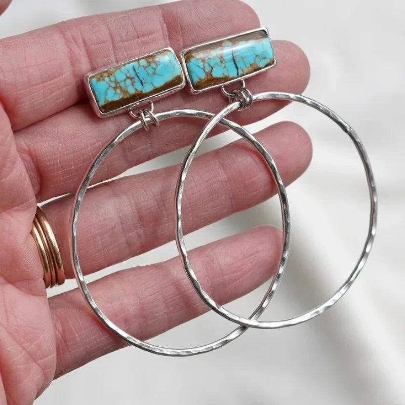 Boho Turquoise Square Hoop Earrings | Vintage Silver Plated Pendant Jewelry