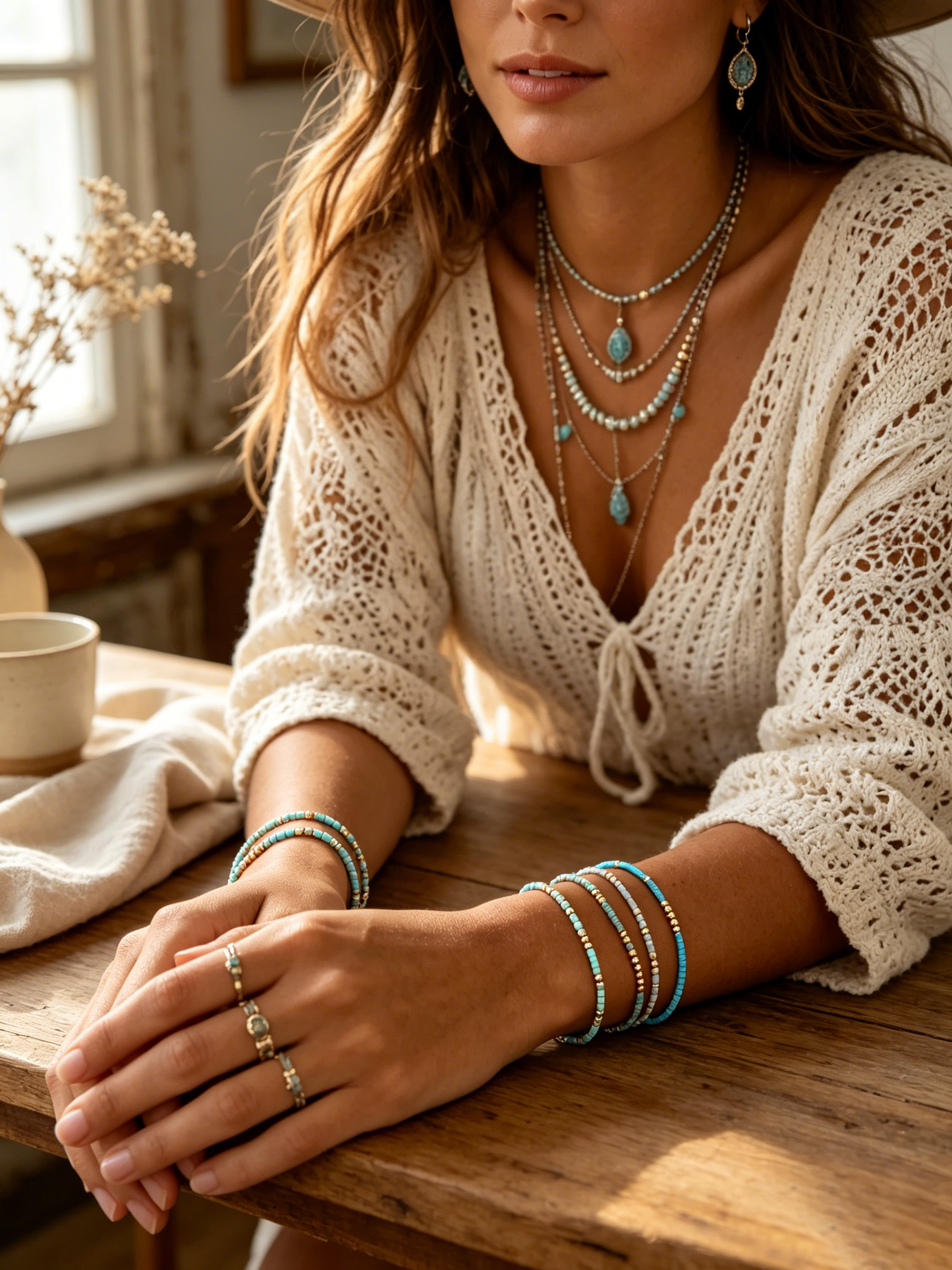 Turquoise Bliss Beaded Bracelet Set | 4 Stylish Gold Seed Bead Stretch Bracelets for Confident Women