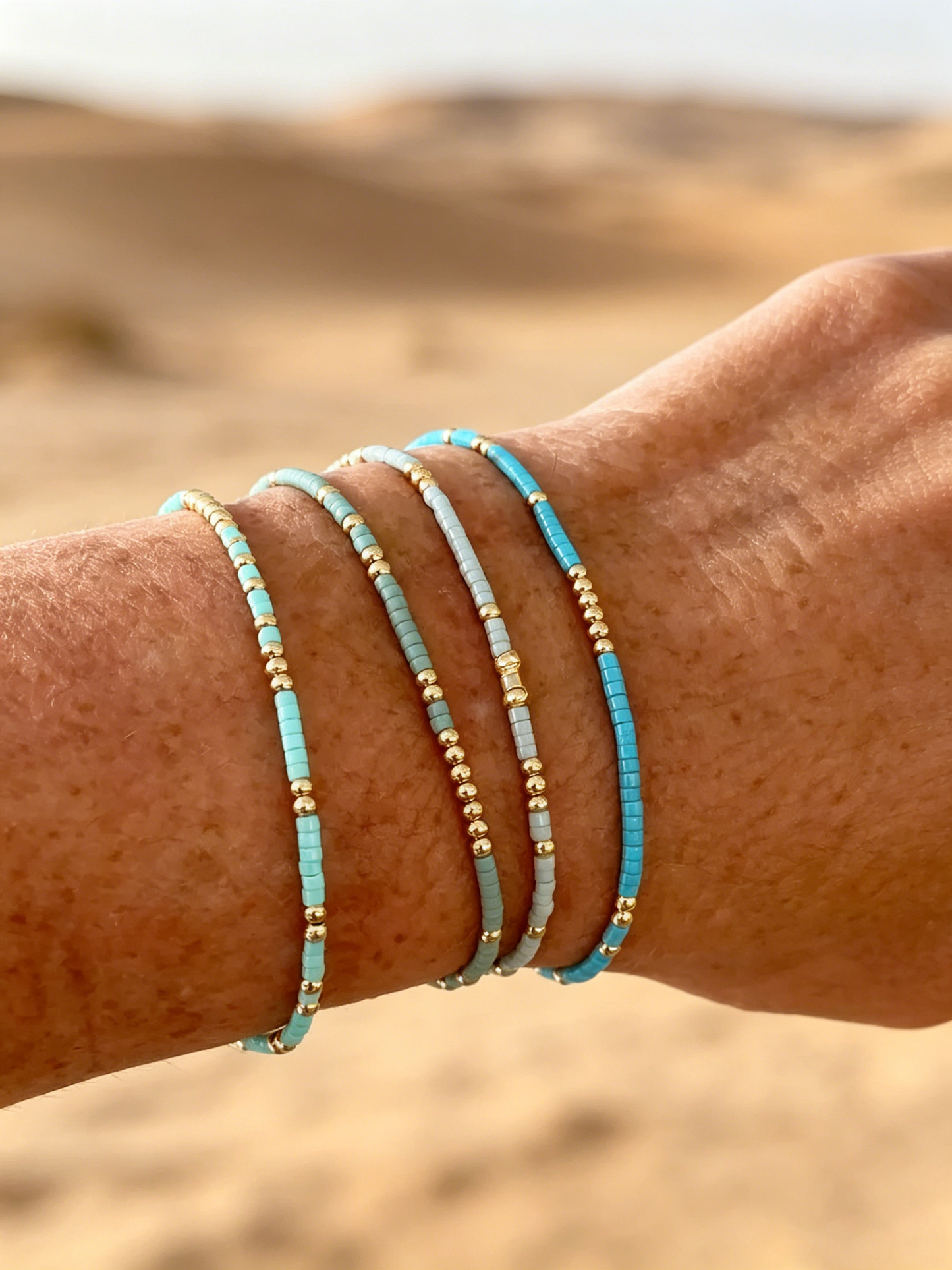 Turquoise Bliss Beaded Bracelet Set | 4 Stylish Gold Seed Bead Stretch Bracelets for Confident Women