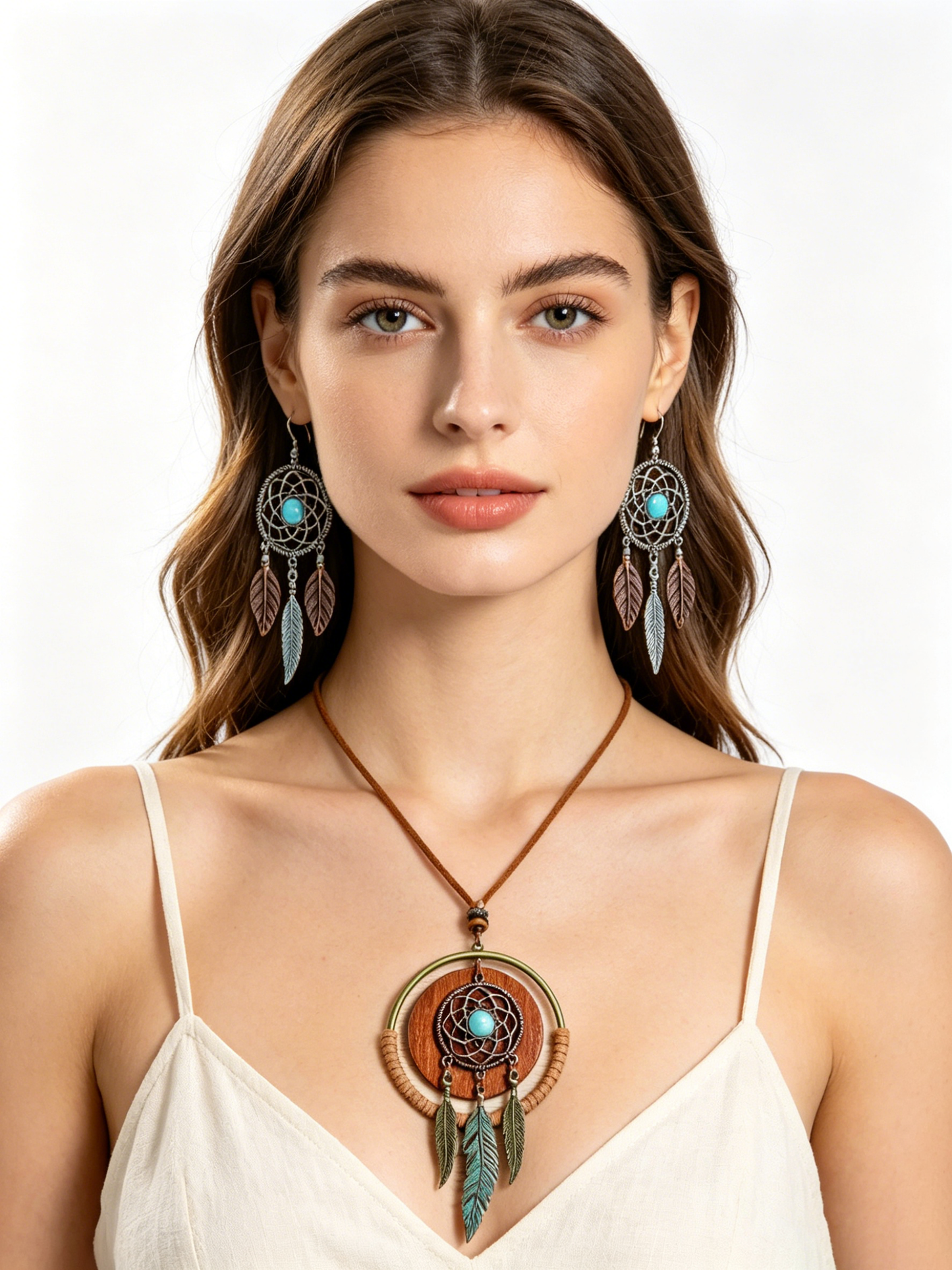 Boho Turquoise Dreamcatcher Jewelry Set | Vintage Feather Pendant Necklace & Earrings