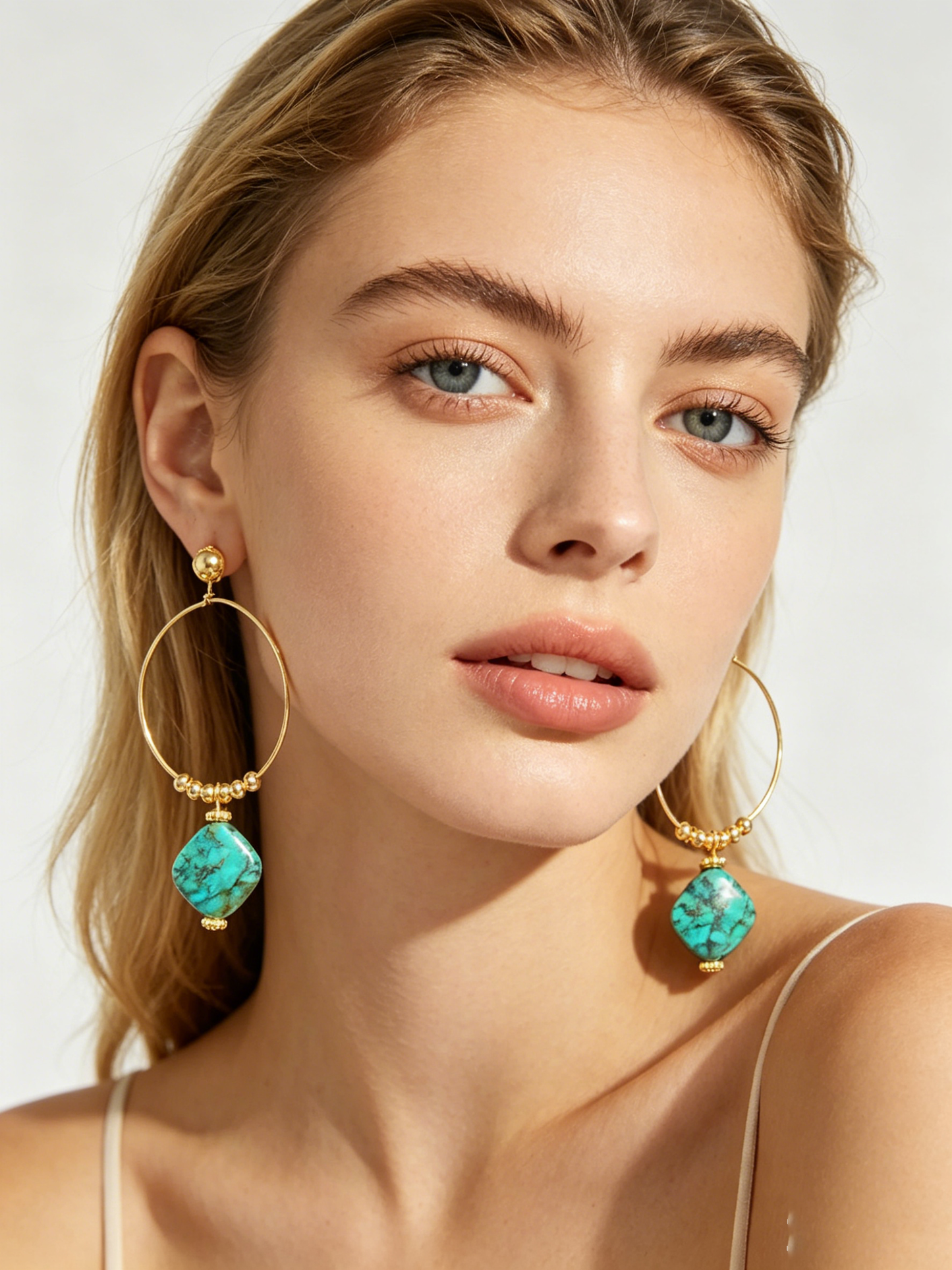 Natural Turquoise Hoop Earrings | 14K Gold Boho Gemstone Jewelry