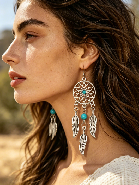 Silver Dreamcatcher Tassel Earrings | Boho Long Drop Design for Women
