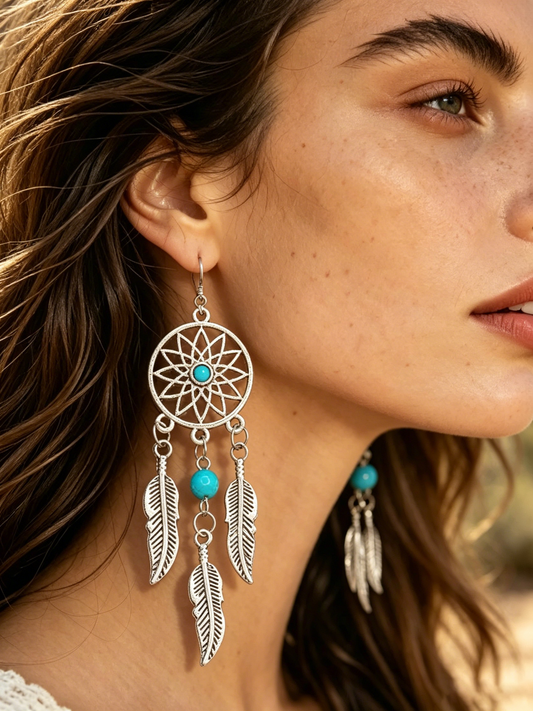 Silver Dreamcatcher Tassel Earrings | Boho Long Drop Design for Women
