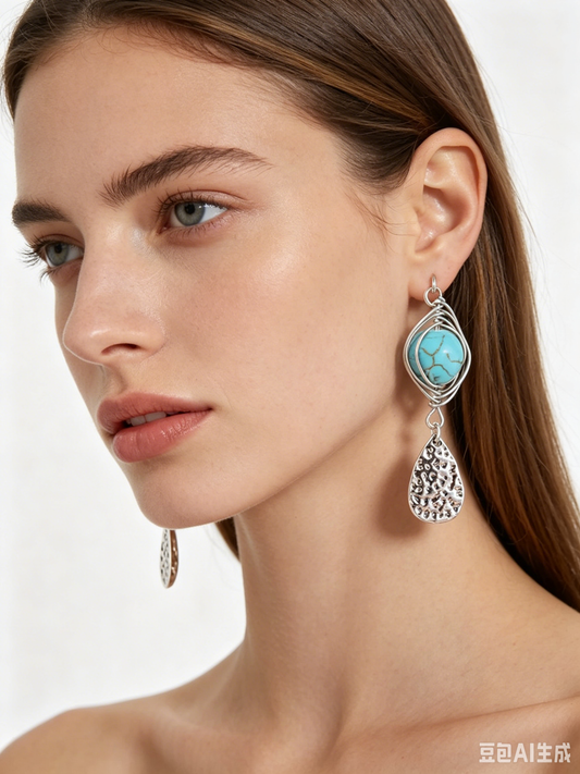 Bohemian Turquoise Dangle Earrings – Vintage Silver Plated Statement Jewelry for Women