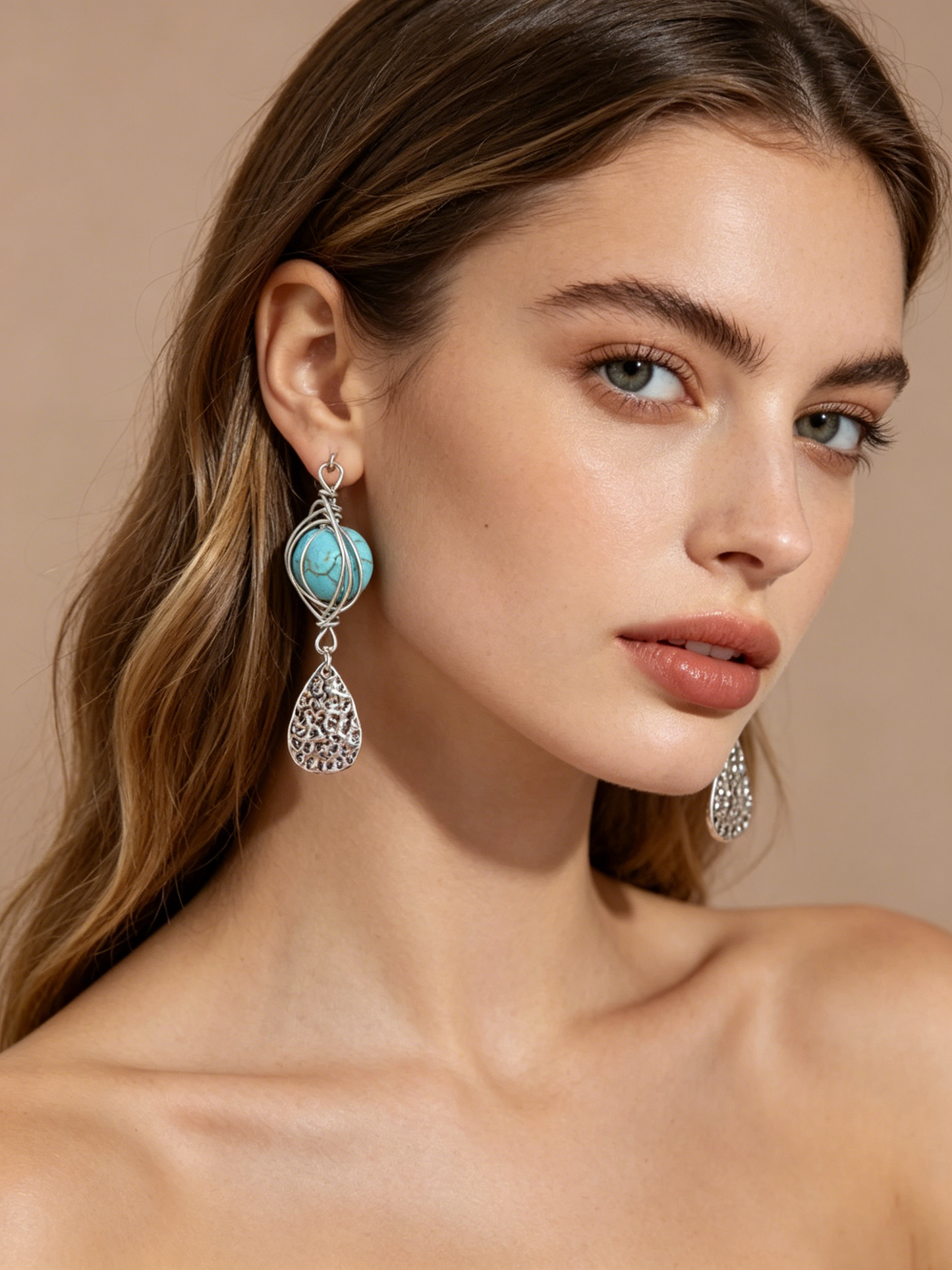 Bohemian Turquoise Dangle Earrings – Vintage Silver Plated Statement Jewelry for Women