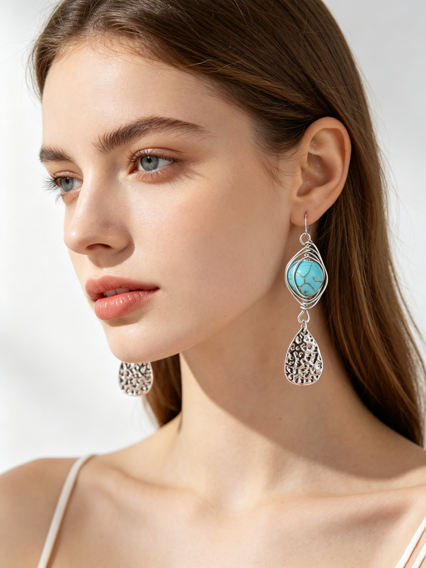 Bohemian Turquoise Dangle Earrings – Vintage Silver Plated Statement Jewelry for Women