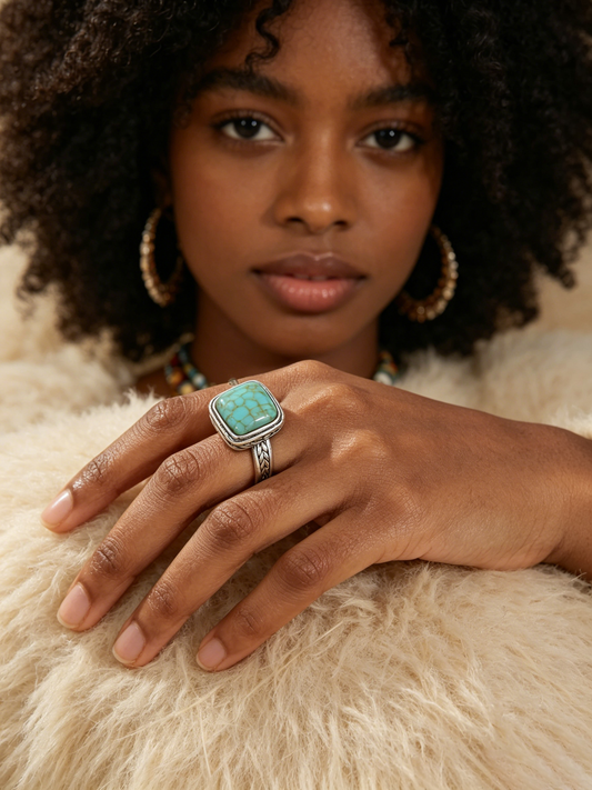 Turquoise Dream Ring - Stunning Silver-Plated Boho Square Statement Jewelry