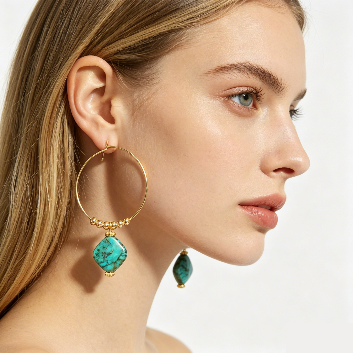 Natural Turquoise Hoop Earrings | 14K Gold Boho Gemstone Jewelry