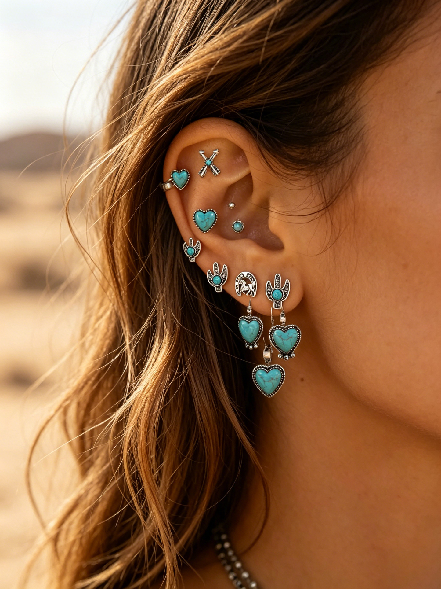 Turquoise Heart & Flower Dangle Earring Set | 6 Pairs of Western Boho Style for Confident Women