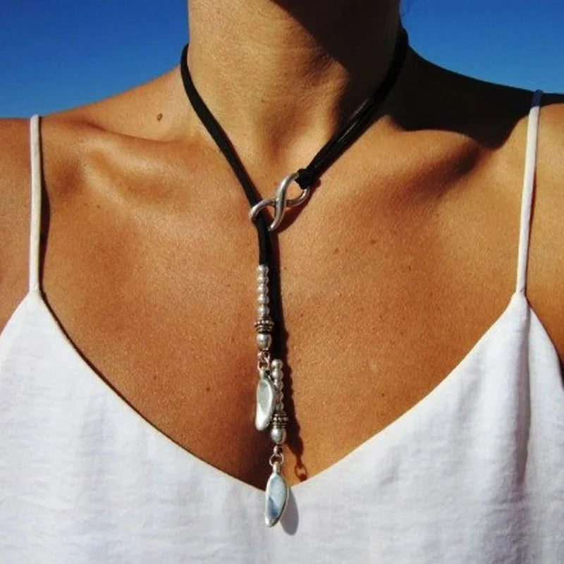 Bohemian Feather & Leaf Pendant Necklace
