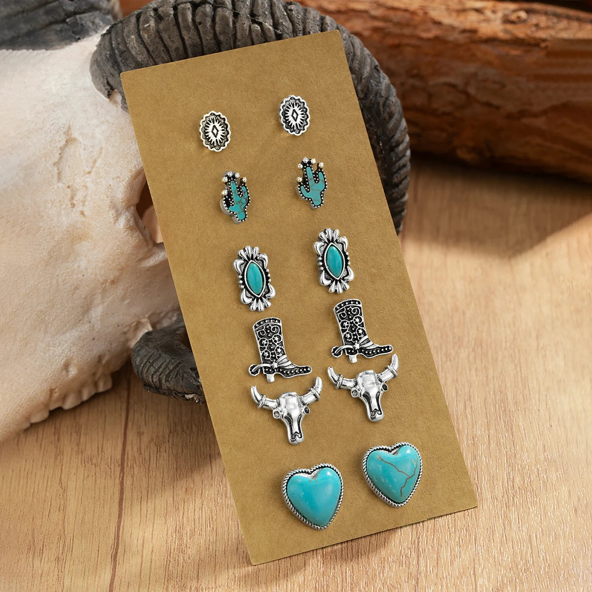 Turquoise Heart & Flower Dangle Earring Set | 6 Pairs of Western Boho Style for Confident Women