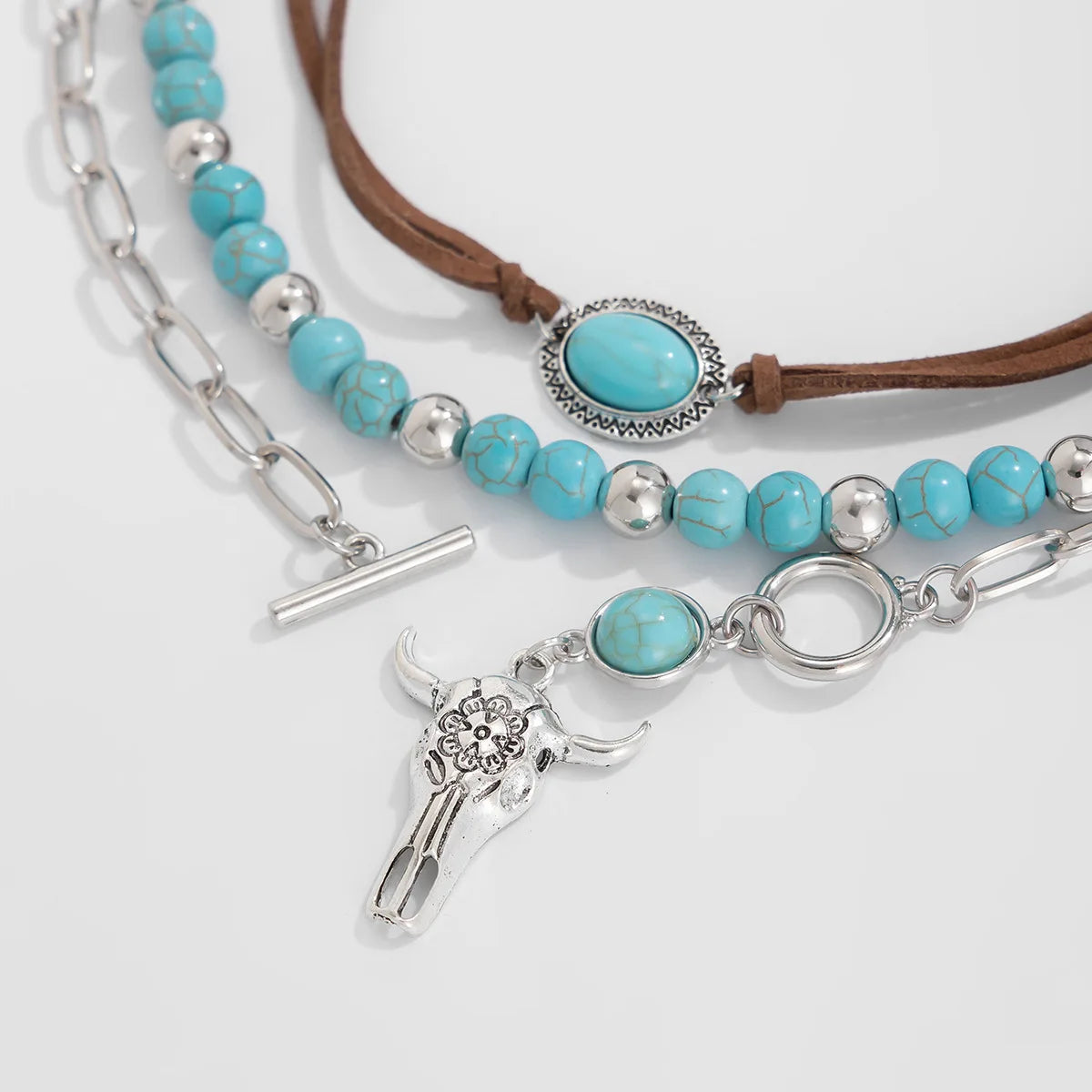 Boho Bullhead Turquoise Pendant Necklace | Multi-Layer Beaded Collar