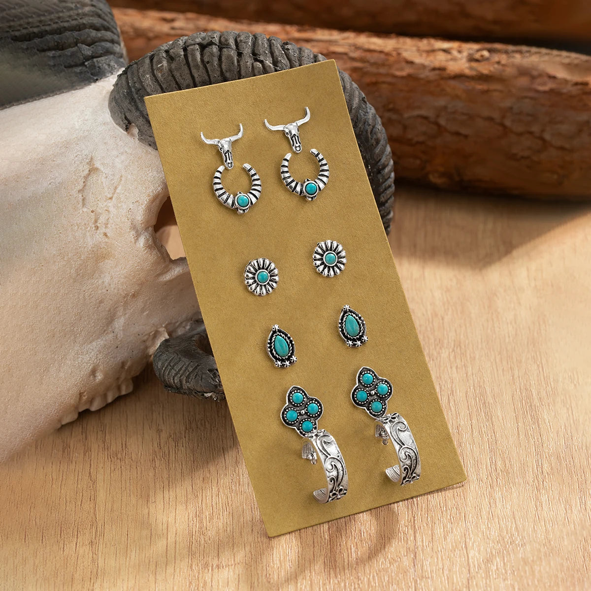 Turquoise Heart & Flower Dangle Earring Set | 6 Pairs of Western Boho Style for Confident Women