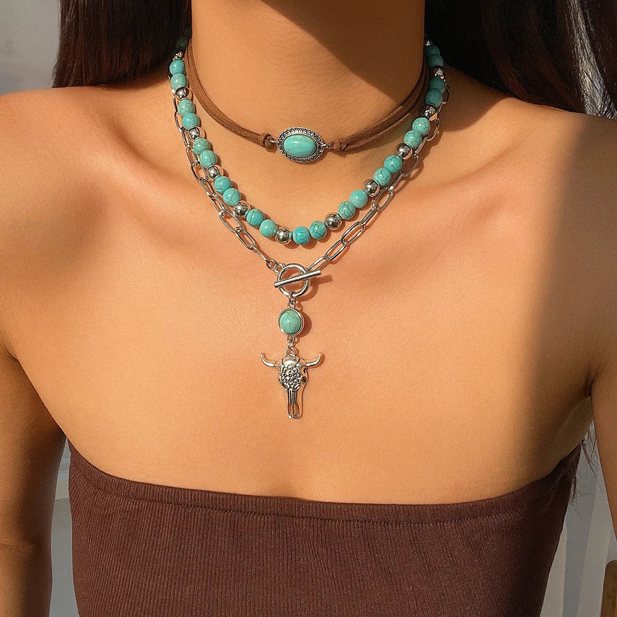 Boho Bullhead Turquoise Pendant Necklace | Multi-Layer Beaded Collar