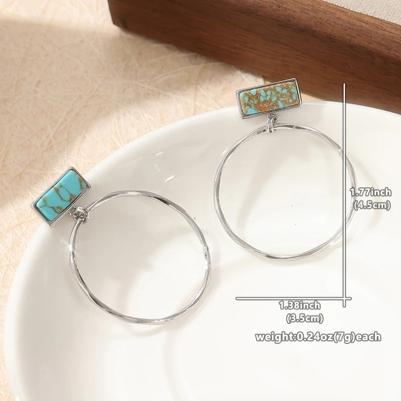 Boho Turquoise Square Hoop Earrings | Vintage Silver Plated Pendant Jewelry