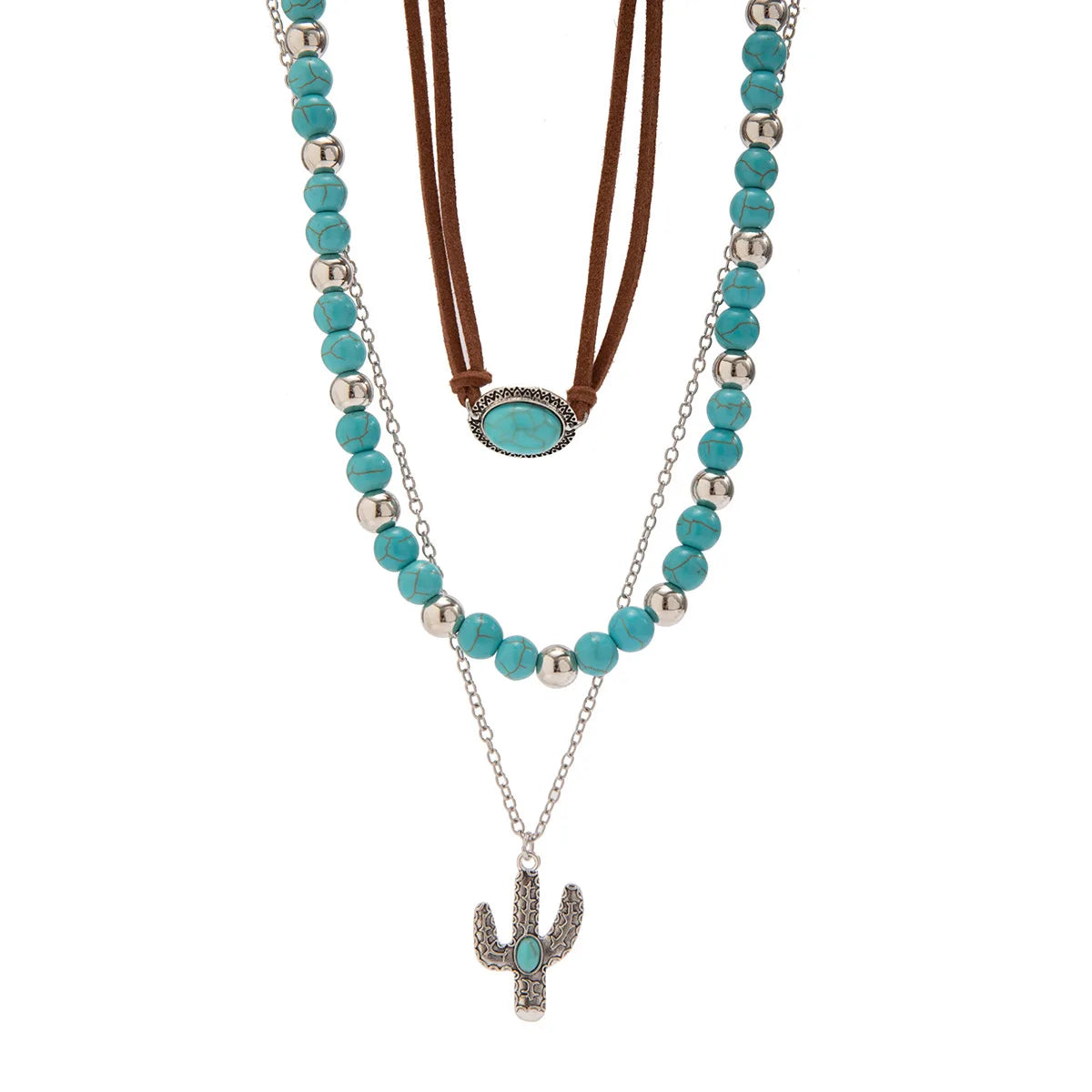 Boho Metal Cactus Turquoise Pendant Necklace | Multi-Layer Beaded Western Chic