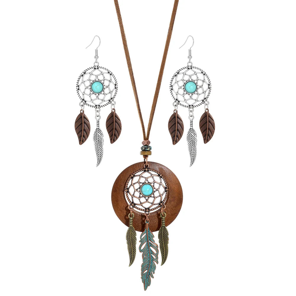 Boho Turquoise Dreamcatcher Jewelry Set | Vintage Feather Pendant Necklace & Earrings