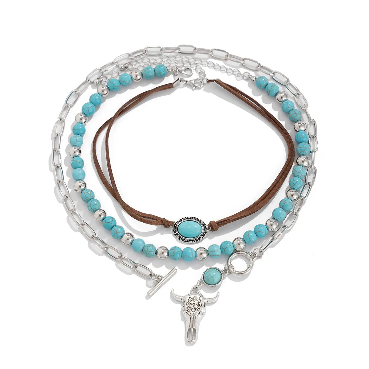 Boho Bullhead Turquoise Pendant Necklace | Multi-Layer Beaded Collar