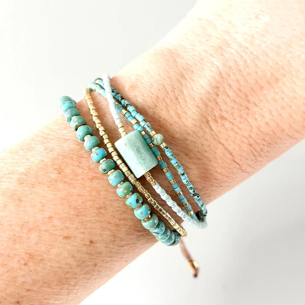 Desert Sky Turquoise Beaded Bracelet – Adjustable Boho Layered Wrist Wrap