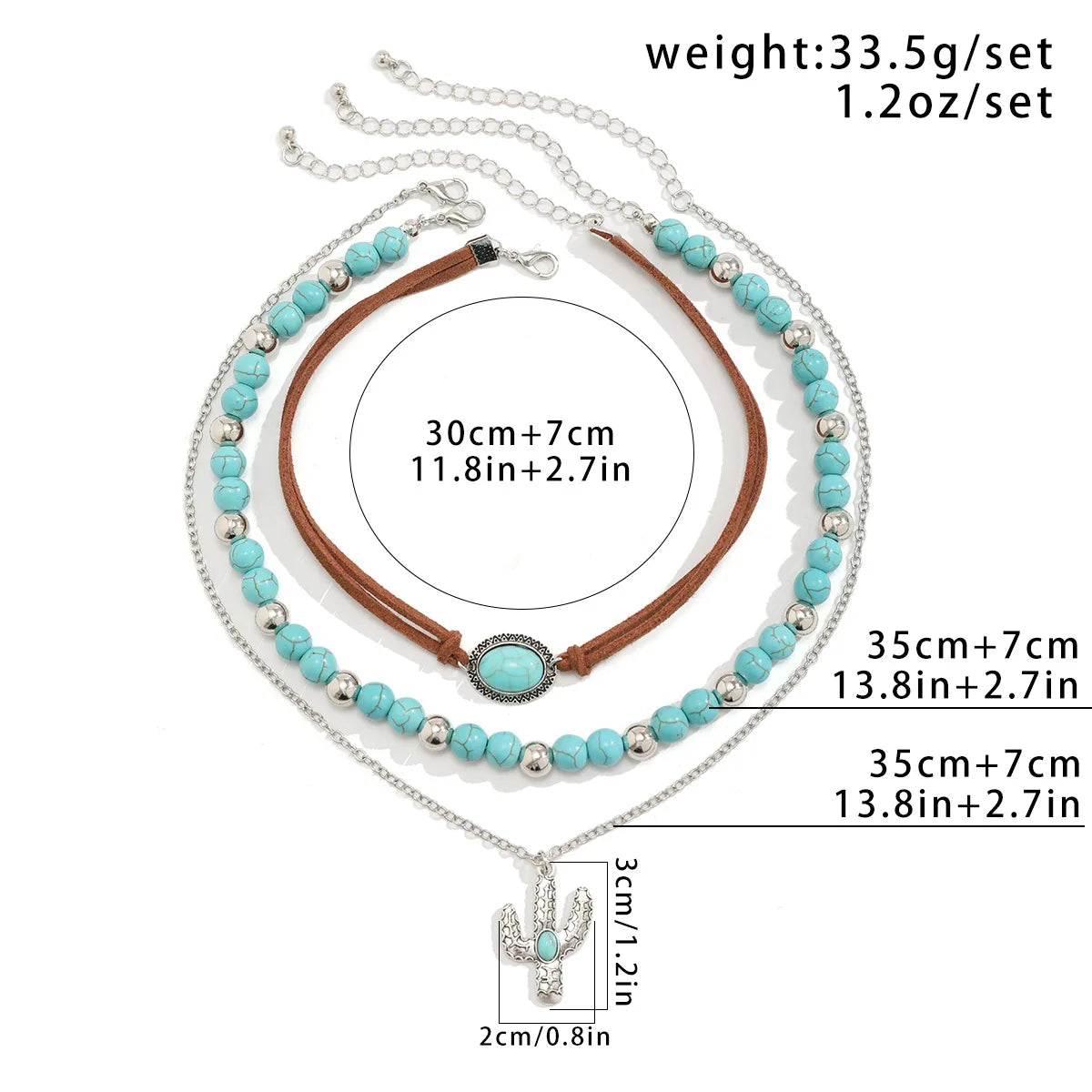 Boho Metal Cactus Turquoise Pendant Necklace | Multi-Layer Beaded Western Chic