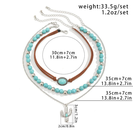 Boho Metal Cactus Turquoise Pendant Necklace | Multi-Layer Beaded Western Chic