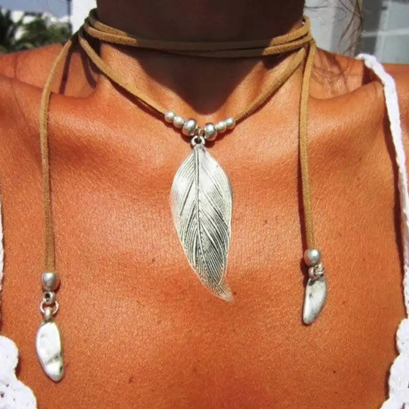 Bohemian Feather & Leaf Pendant Necklace