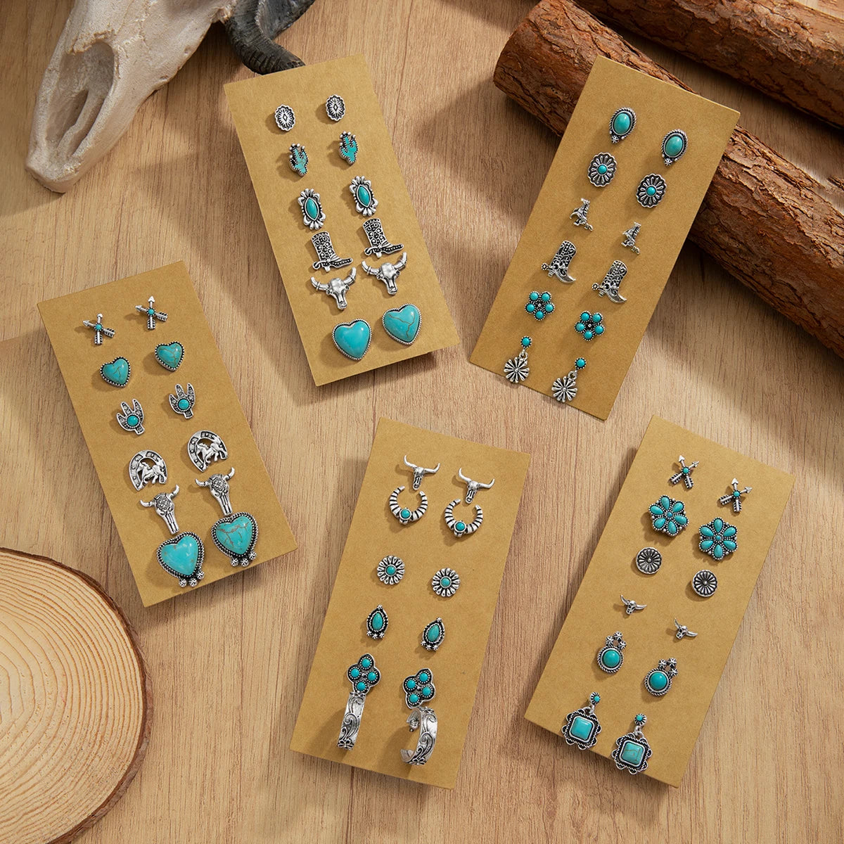 Turquoise Heart & Flower Dangle Earring Set | 6 Pairs of Western Boho Style for Confident Women