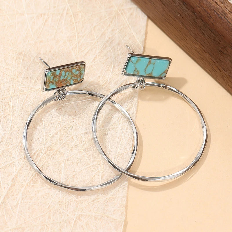 Boho Turquoise Square Hoop Earrings | Vintage Silver Plated Pendant Jewelry