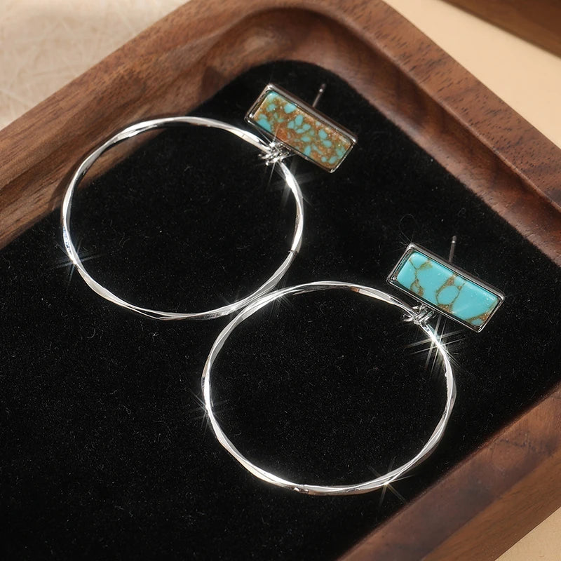 Boho Turquoise Square Hoop Earrings | Vintage Silver Plated Pendant Jewelry