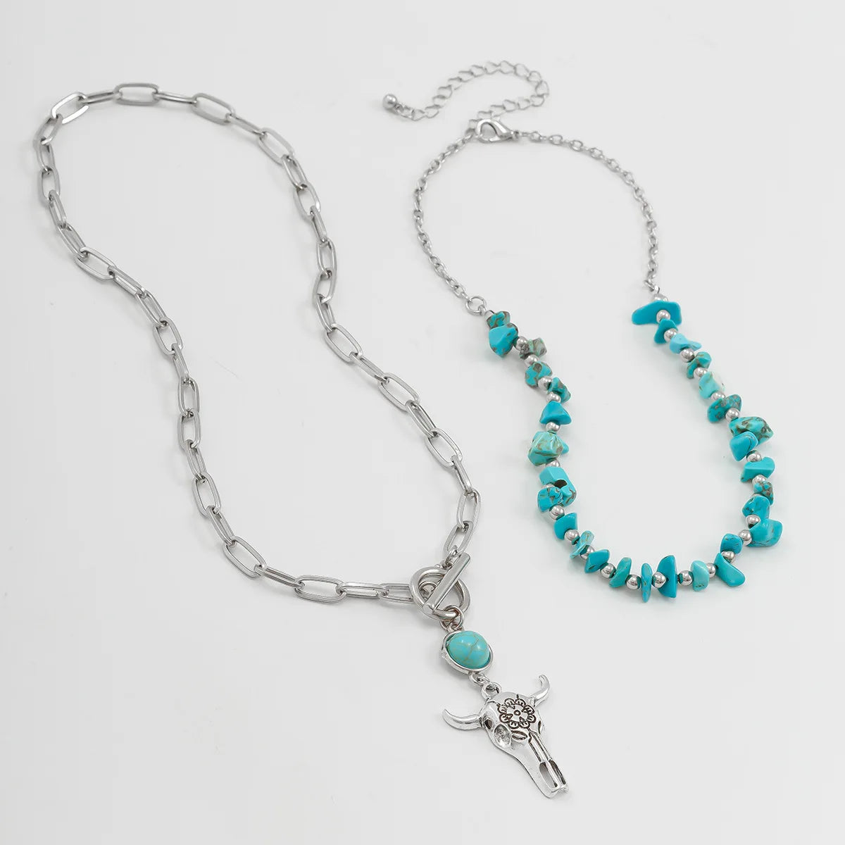 Boho Turquoise Pendant Necklace with Metal Bullhead | Vintage Multi-Layer Beaded Western Style