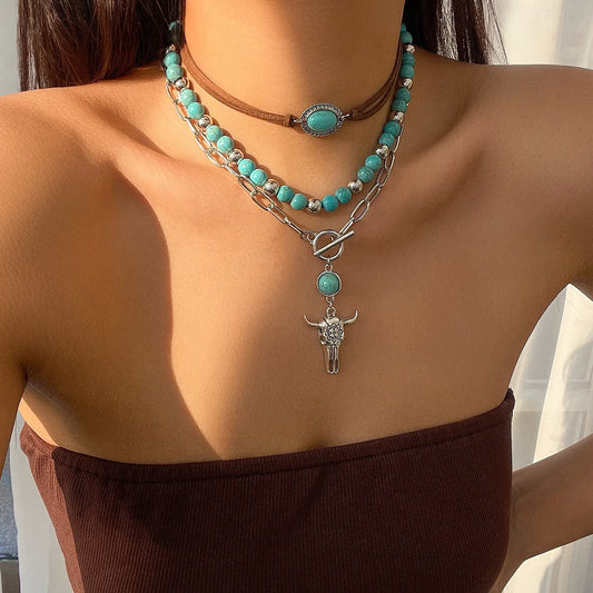 Boho Bullhead Turquoise Pendant Necklace | Multi-Layer Beaded Collar