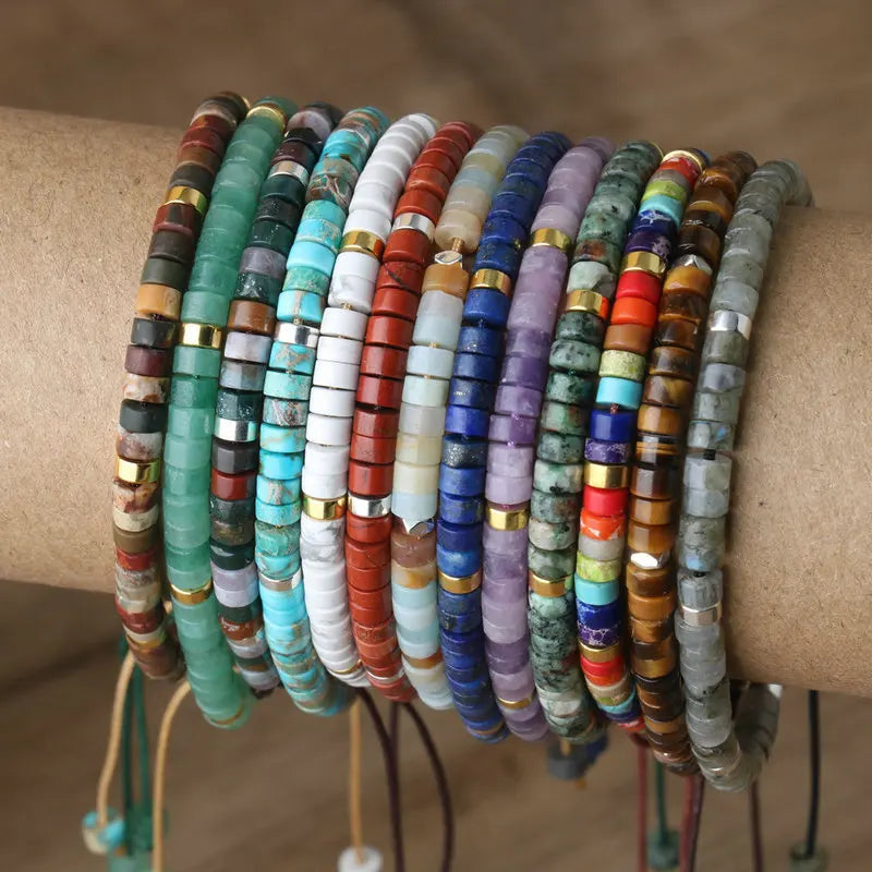 Boho Natural Stone Beaded Bracelet | Adjustable Woven Rope Gemstone Jewelry