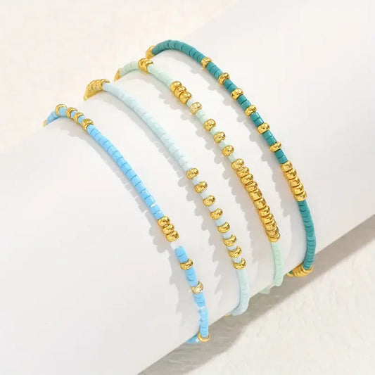 Turquoise Bliss Beaded Bracelet Set | 4 Stylish Gold Seed Bead Stretch Bracelets for Confident Women