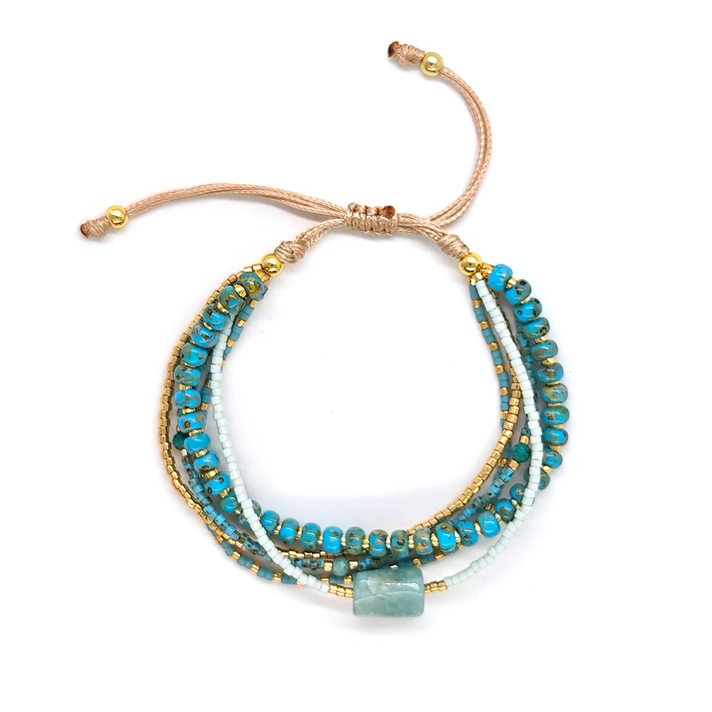 Desert Sky Turquoise Beaded Bracelet – Adjustable Boho Layered Wrist Wrap