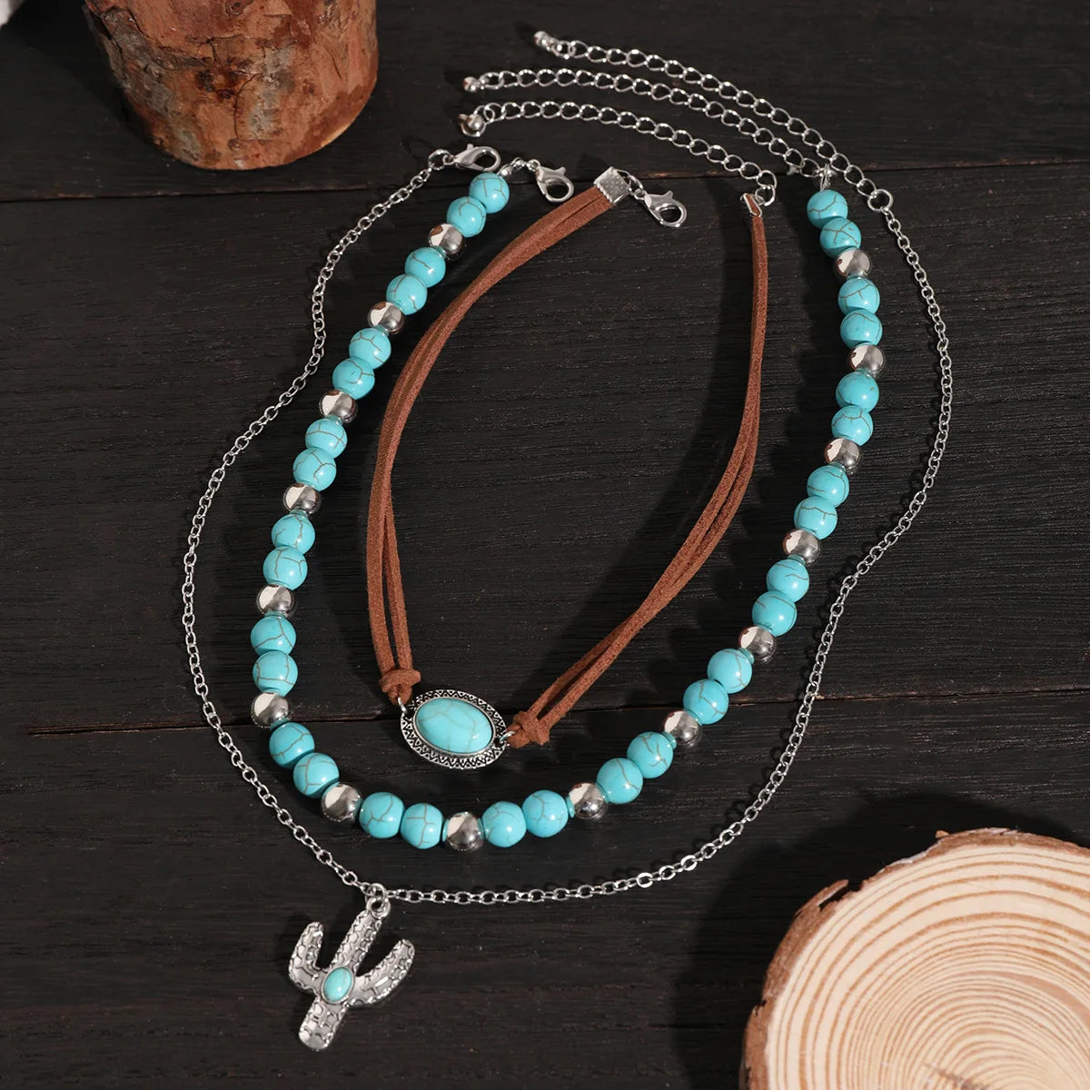 Boho Metal Cactus Turquoise Pendant Necklace | Multi-Layer Beaded Western Chic