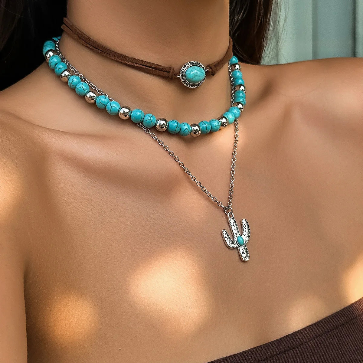 Boho Metal Cactus Turquoise Pendant Necklace | Multi-Layer Beaded Western Chic