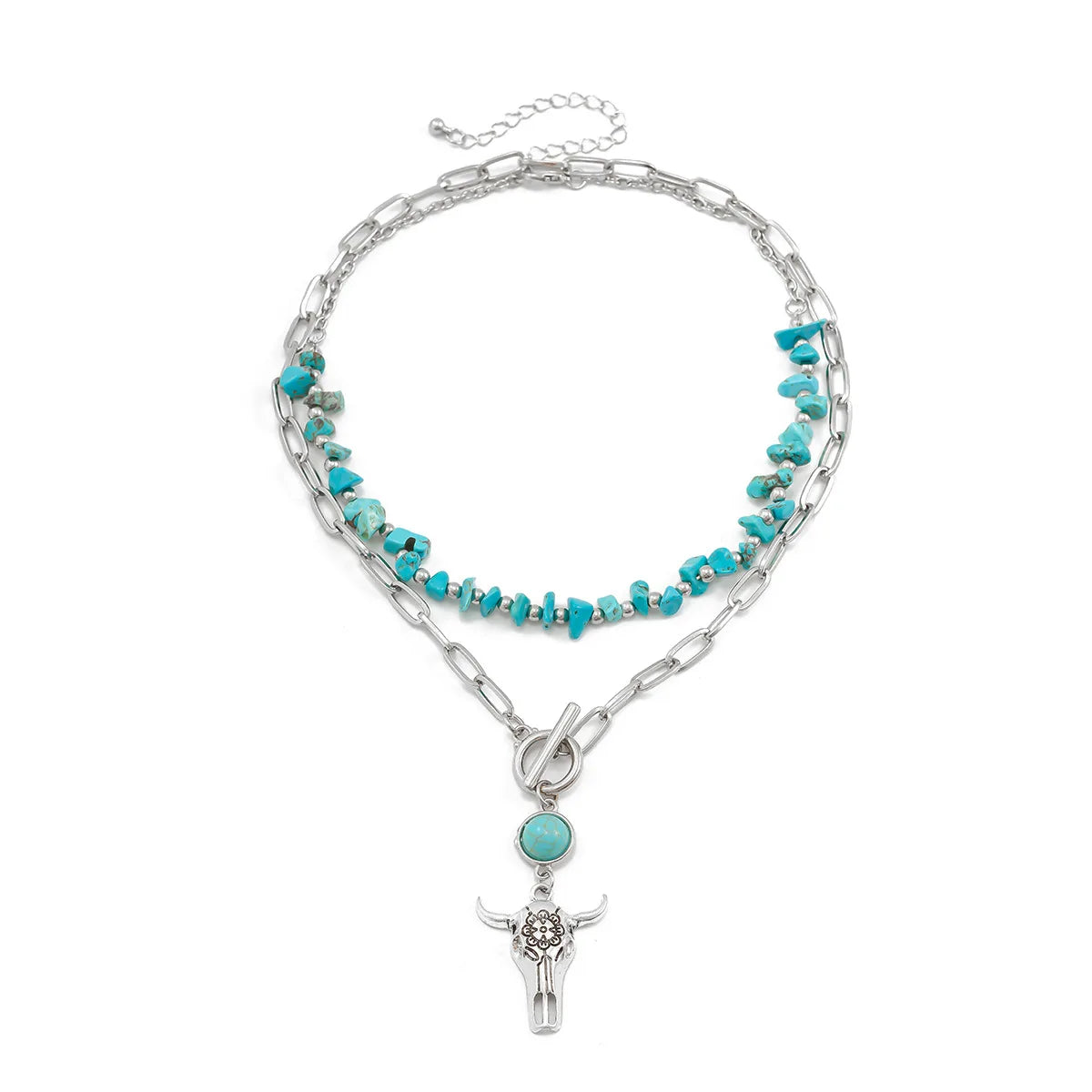 Boho Turquoise Pendant Necklace with Metal Bullhead | Vintage Multi-Layer Beaded Western Style