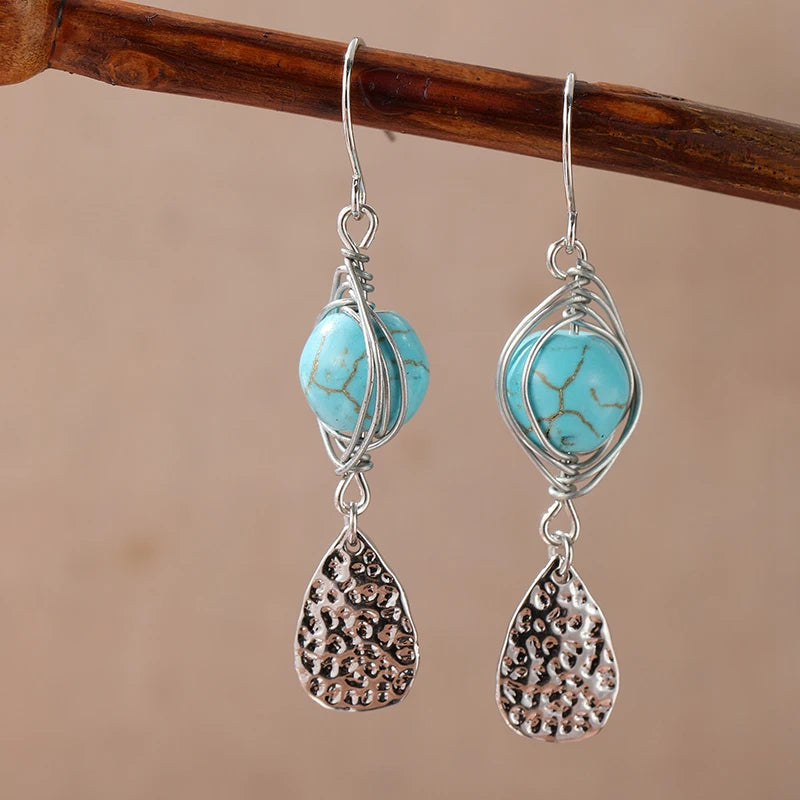 Bohemian Turquoise Dangle Earrings – Vintage Silver Plated Statement Jewelry for Women