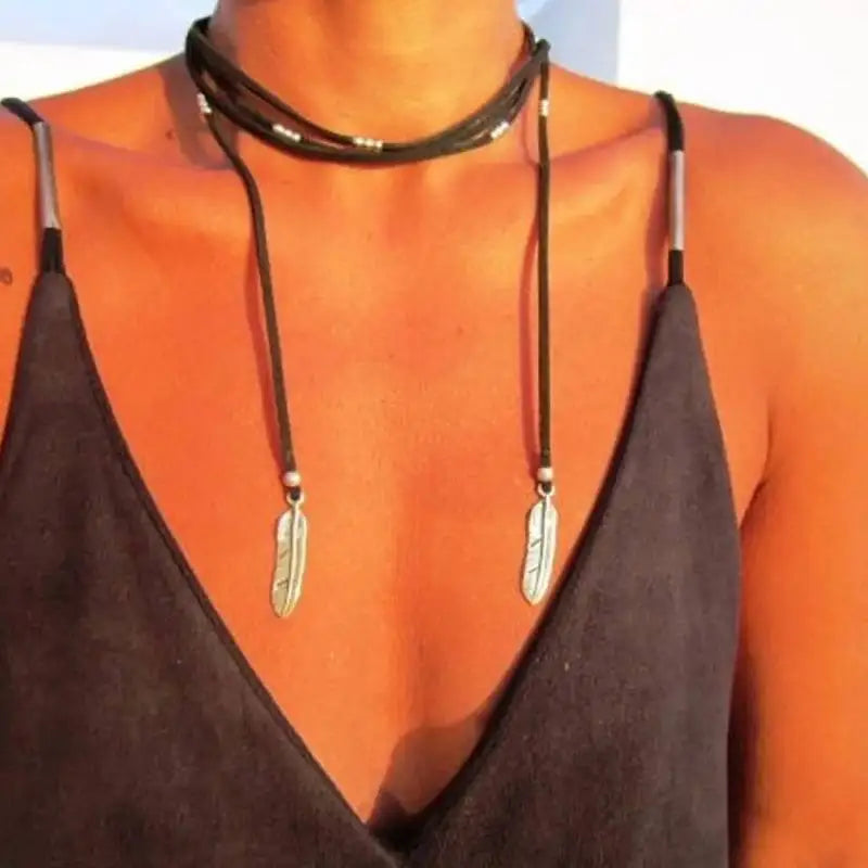 Bohemian Feather & Leaf Pendant Necklace
