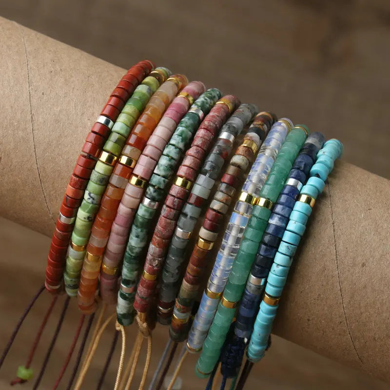 Boho Natural Stone Beaded Bracelet | Adjustable Woven Rope Gemstone Jewelry