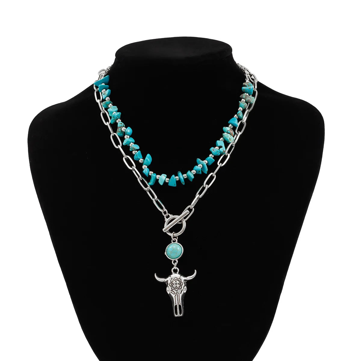 Boho Turquoise Pendant Necklace with Metal Bullhead | Vintage Multi-Layer Beaded Western Style