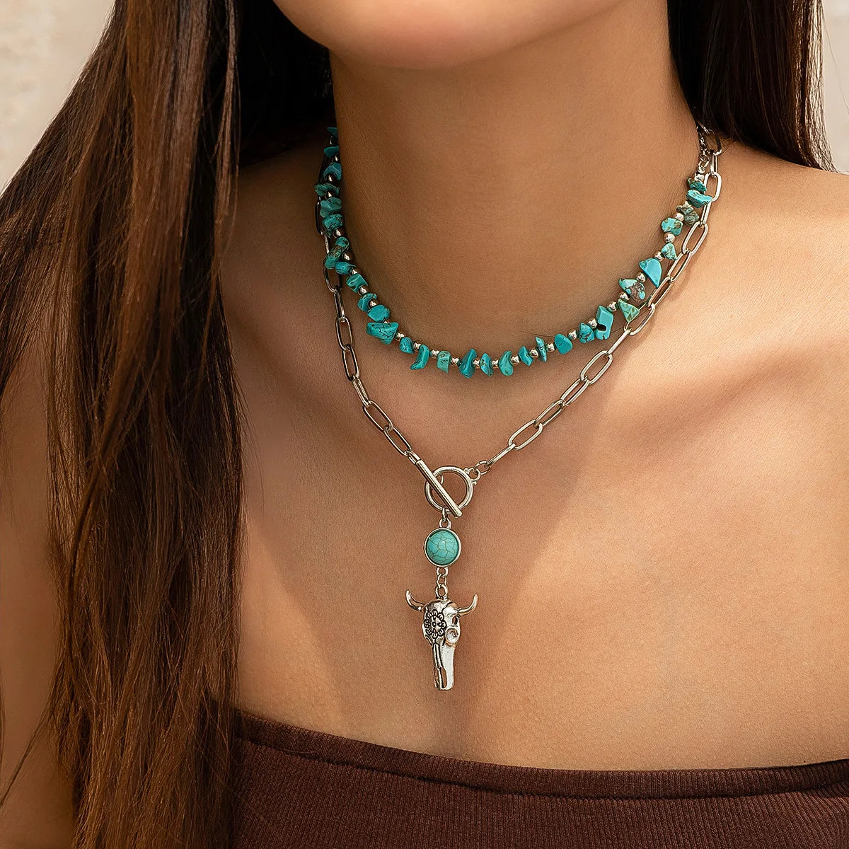 Boho Turquoise Pendant Necklace with Metal Bullhead | Vintage Multi-Layer Beaded Western Style