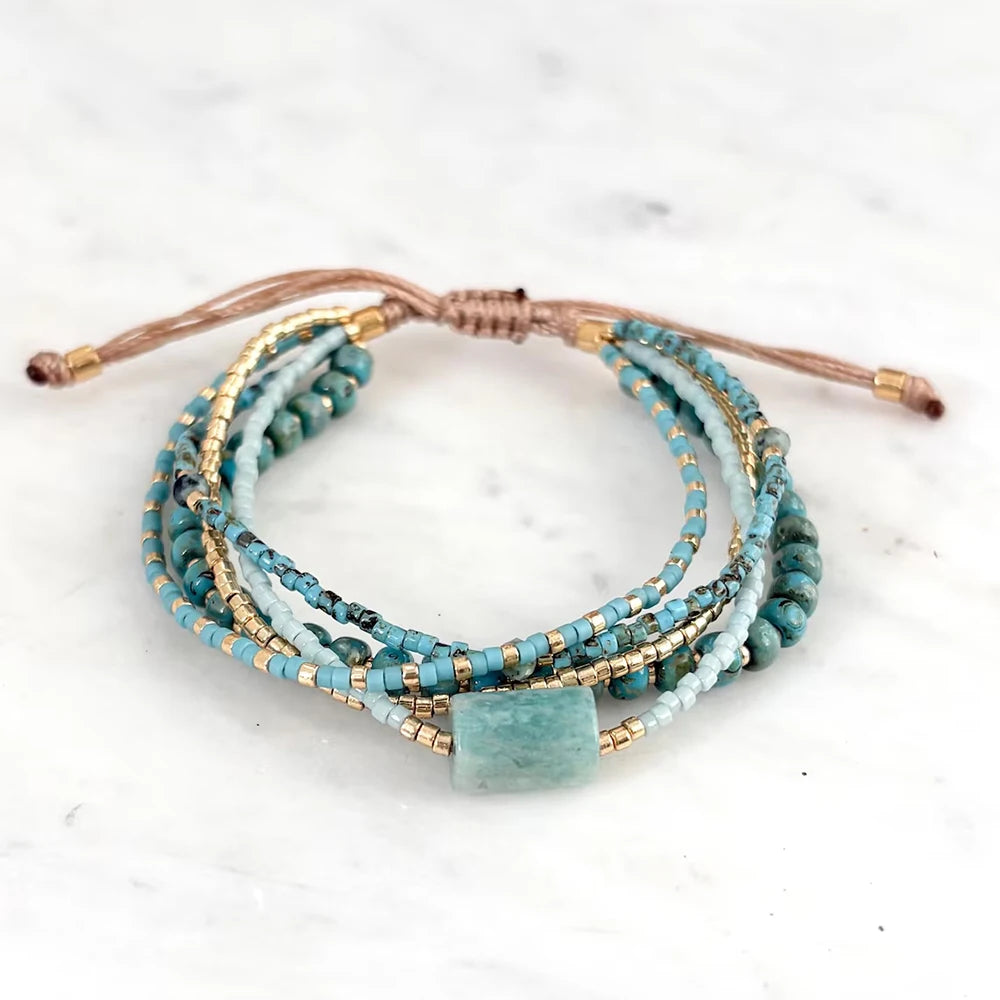 Desert Sky Turquoise Beaded Bracelet – Adjustable Boho Layered Wrist Wrap