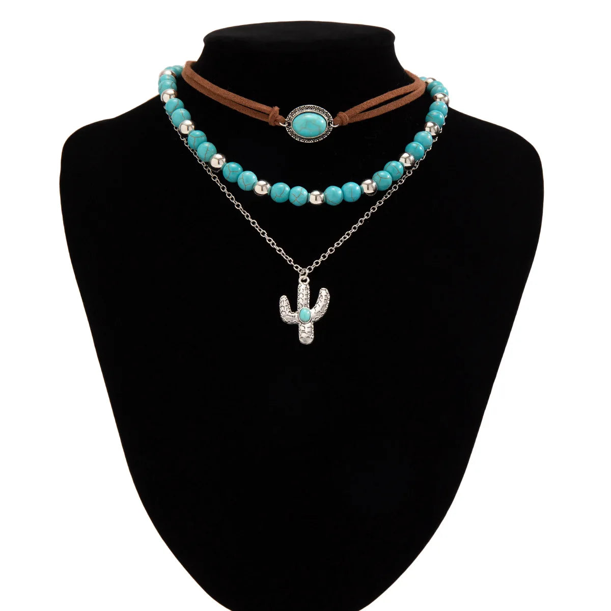Boho Metal Cactus Turquoise Pendant Necklace | Multi-Layer Beaded Western Chic