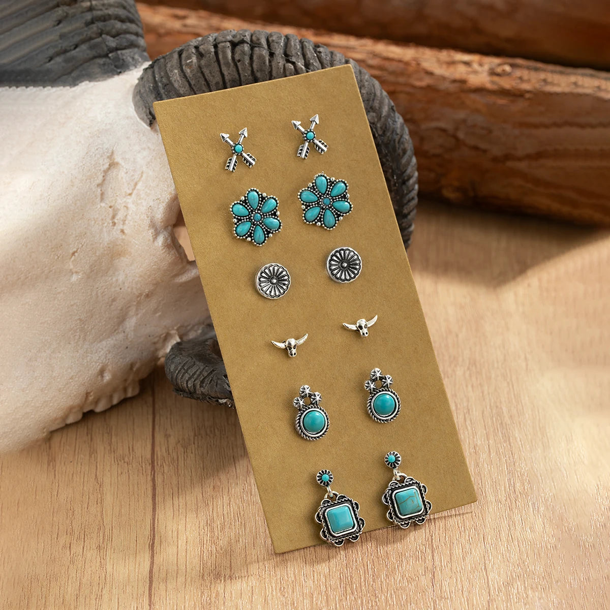 Turquoise Heart & Flower Dangle Earring Set | 6 Pairs of Western Boho Style for Confident Women