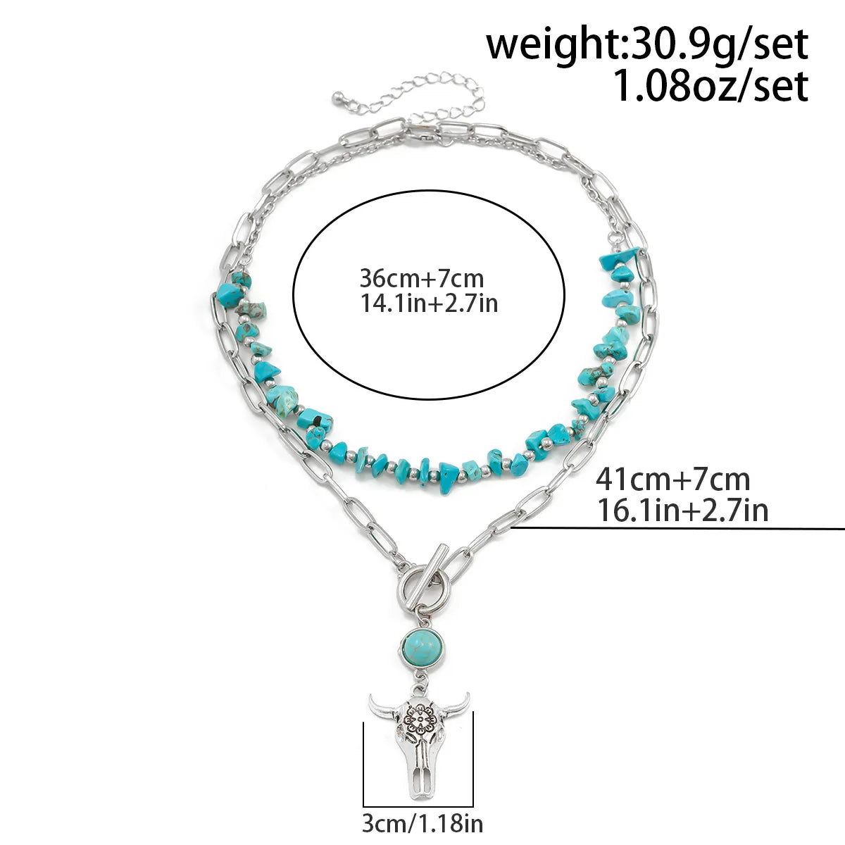 Boho Turquoise Pendant Necklace with Metal Bullhead | Vintage Multi-Layer Beaded Western Style