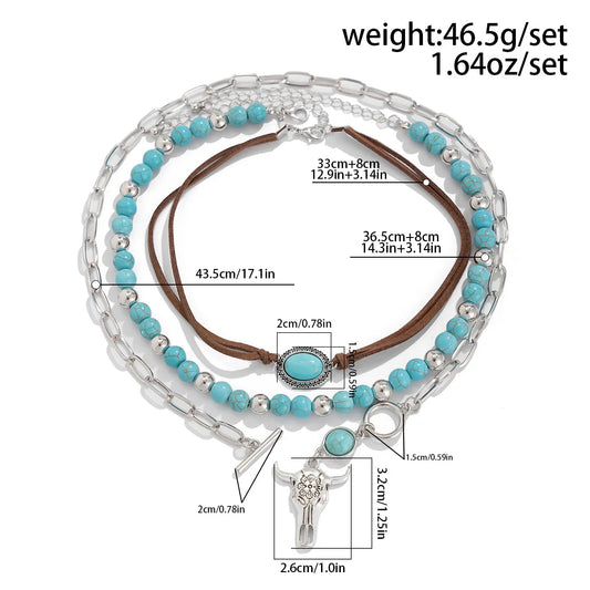 Boho Bullhead Turquoise Pendant Necklace | Multi-Layer Beaded Collar