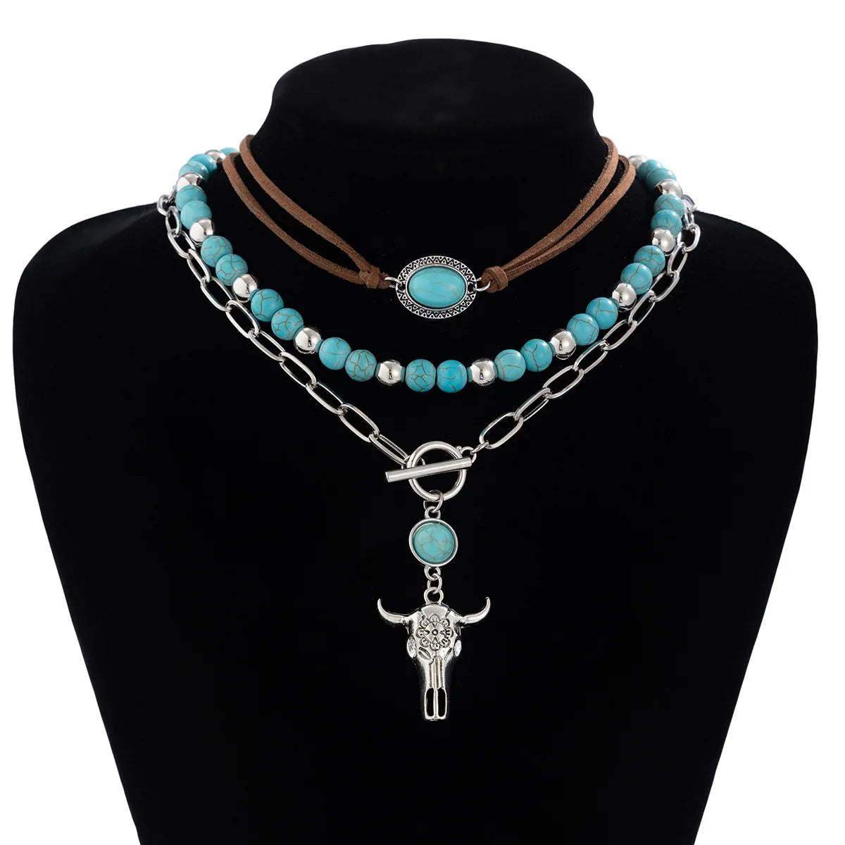 Boho Bullhead Turquoise Pendant Necklace | Multi-Layer Beaded Collar