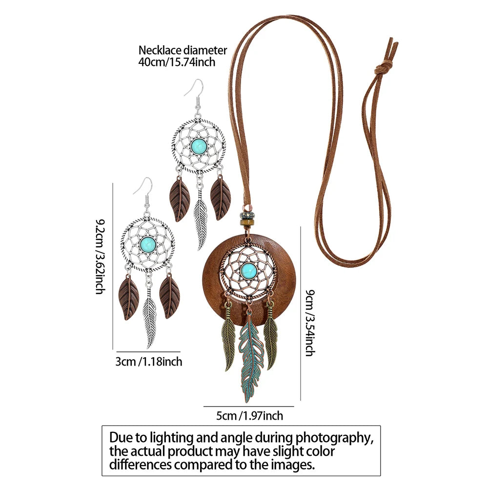 Boho Turquoise Dreamcatcher Jewelry Set | Vintage Feather Pendant Necklace & Earrings